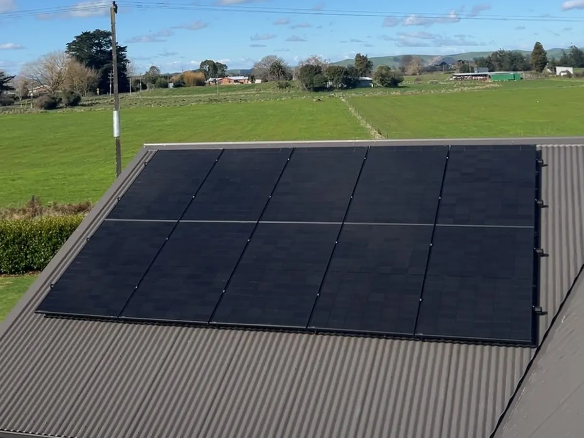 A 9.1kW EFS Solar array on a rural home at Gordonton, Waikato, farmland behind