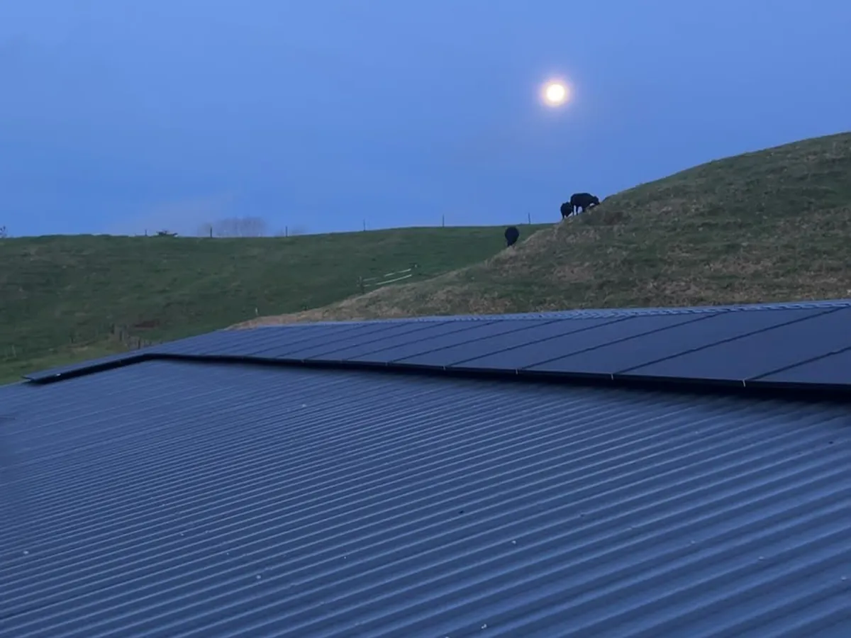 A 10.92kW EFS Solar array on a rural home at Lepperton, Taranaki, at dusk