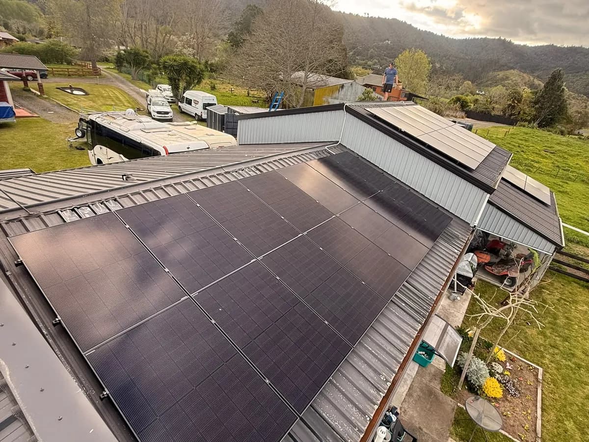 A 16.3kW EFS Solar array on a rural home at Ngāruawāhia, Waikato, with a valley behind