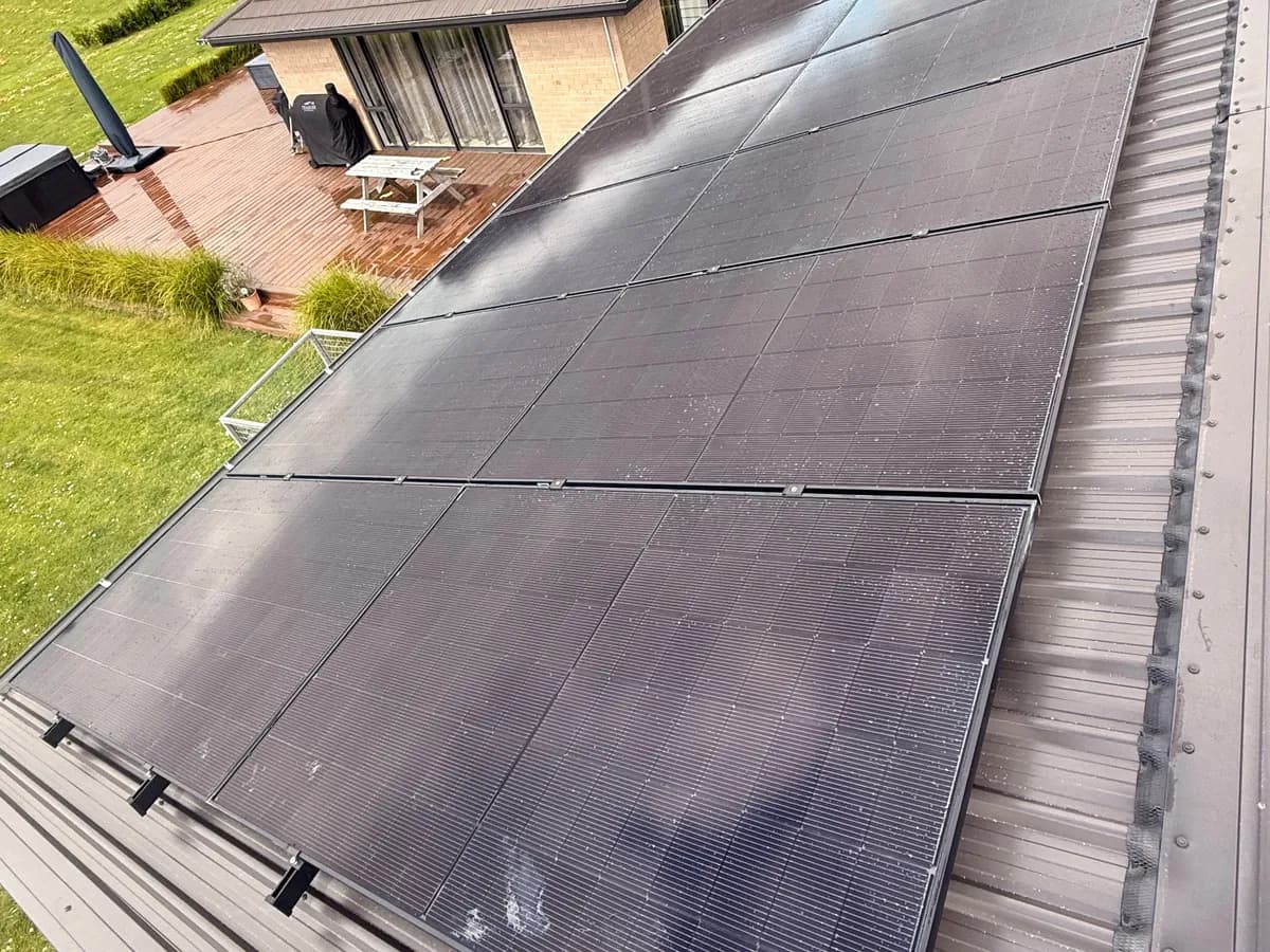 A 14.56kW EFS Solar array on a charcoal metal roof at a rural Te Kauwhata property, Waikato
