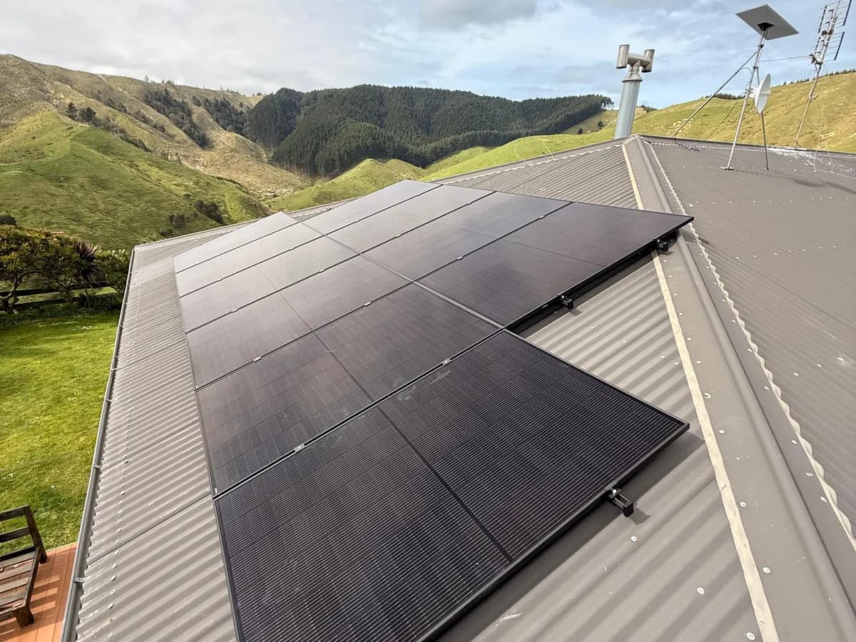 A 9.5kW EFS Solar array on a rural home at Waerenga, Waikato, hills behind